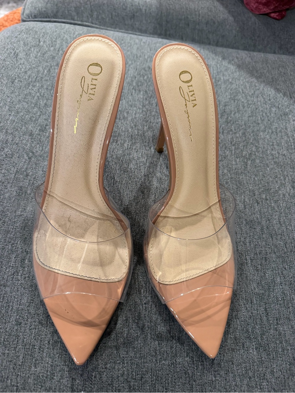 Olivia Transparent Nude Pointed Toe Mule Heels